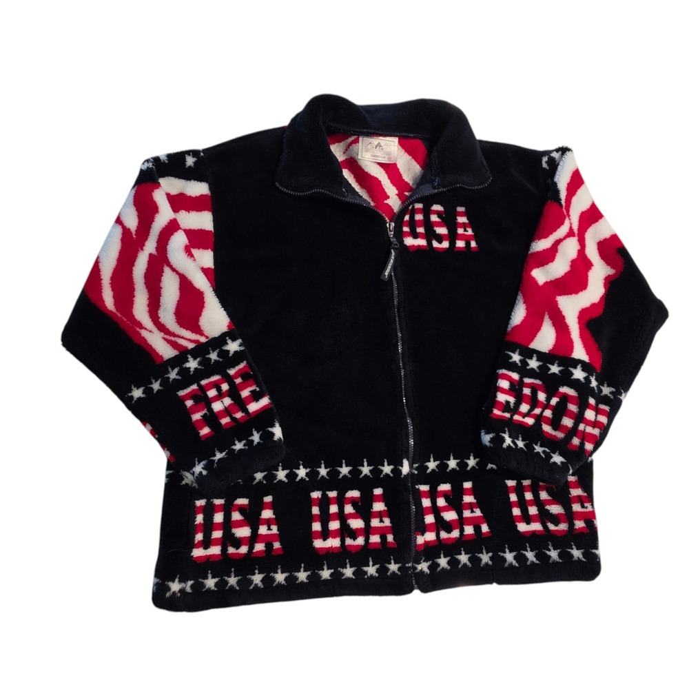 VTG Black Mountain Mens Fleece Jacket USA Freedom Patriotic American Flag Medium